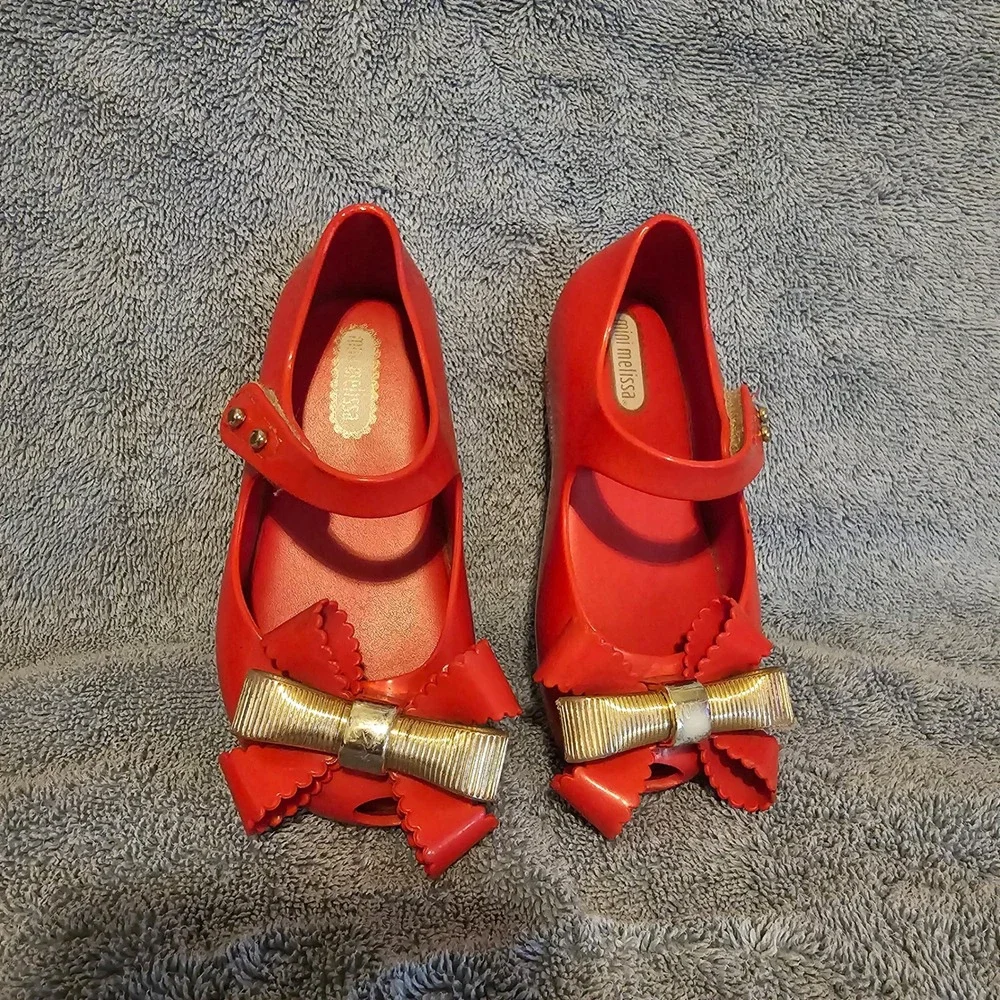 Mini Melissa Red Jelly Mary Jane Bow Shoes Gold Accents Toddler Size 7